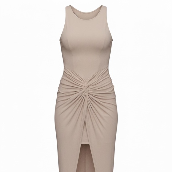 Parvenue Taupe Ruched Twist Bodycon Midi Dress Racerback Zip Back Size S - Picture 4 of 9